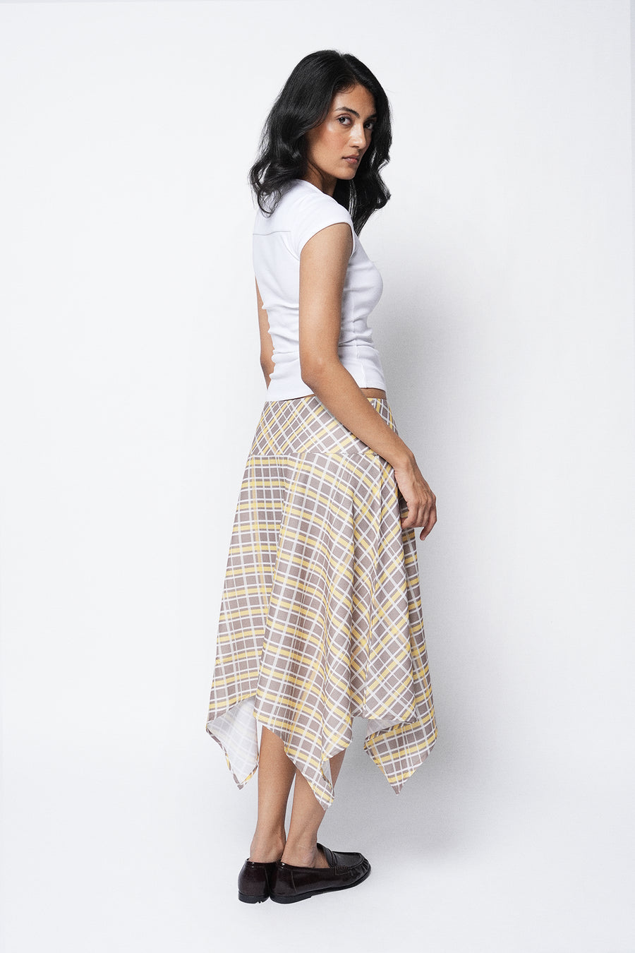 Asymmetric Checkered Midi Skirt