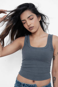 Grey Ribbed Square Neck Top