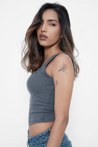 Grey Ribbed Square Neck Top