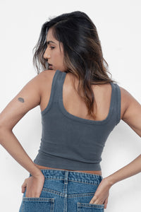 Grey Ribbed Square Neck Top