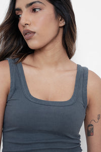 Grey Ribbed Square Neck Top