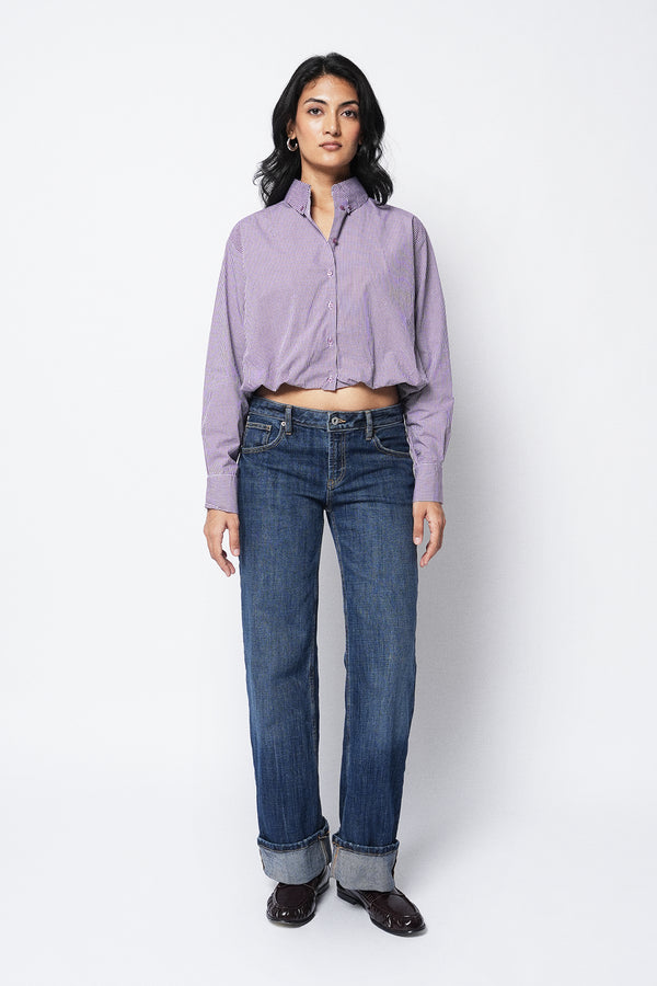 Balloon-Hem Checkered Shirt