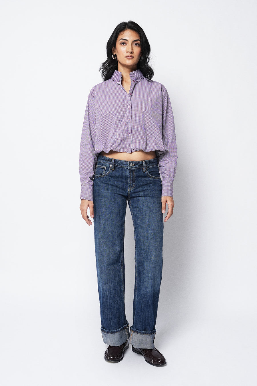 Balloon-Hem Checkered Shirt