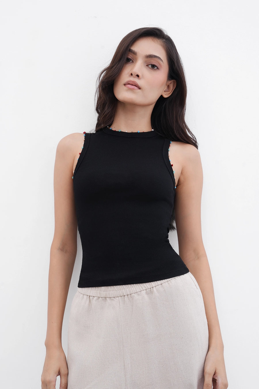 Beaded Ribbed Top- Black