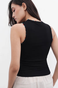 Beaded Ribbed Top- Black
