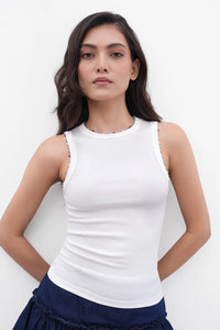 Beaded Ribbed Top- White