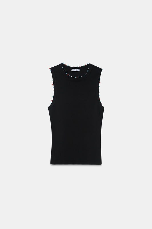 Beaded Ribbed Top- Black