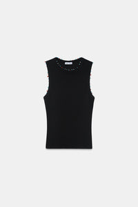 Beaded Ribbed Top- Black