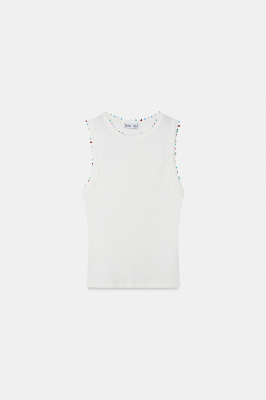 Beaded Ribbed Top- White