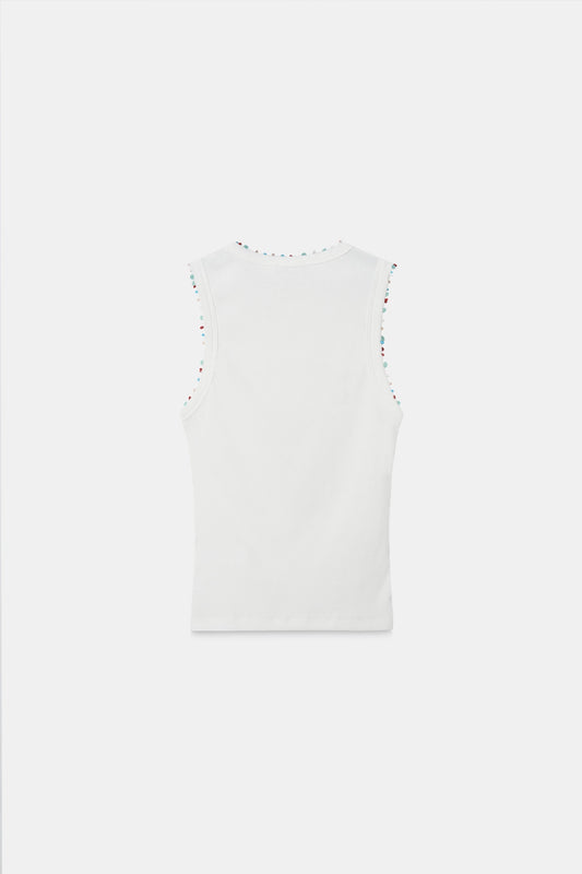 Beaded Ribbed Top- White