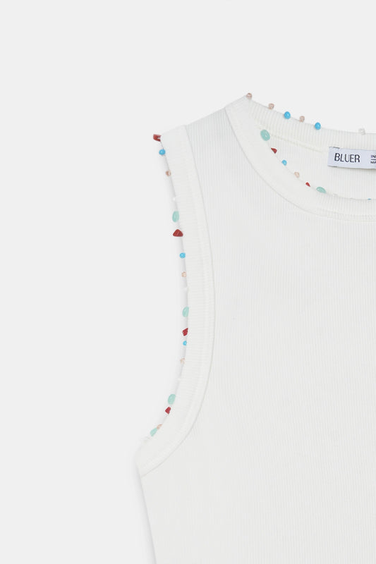 Beaded Ribbed Top- White