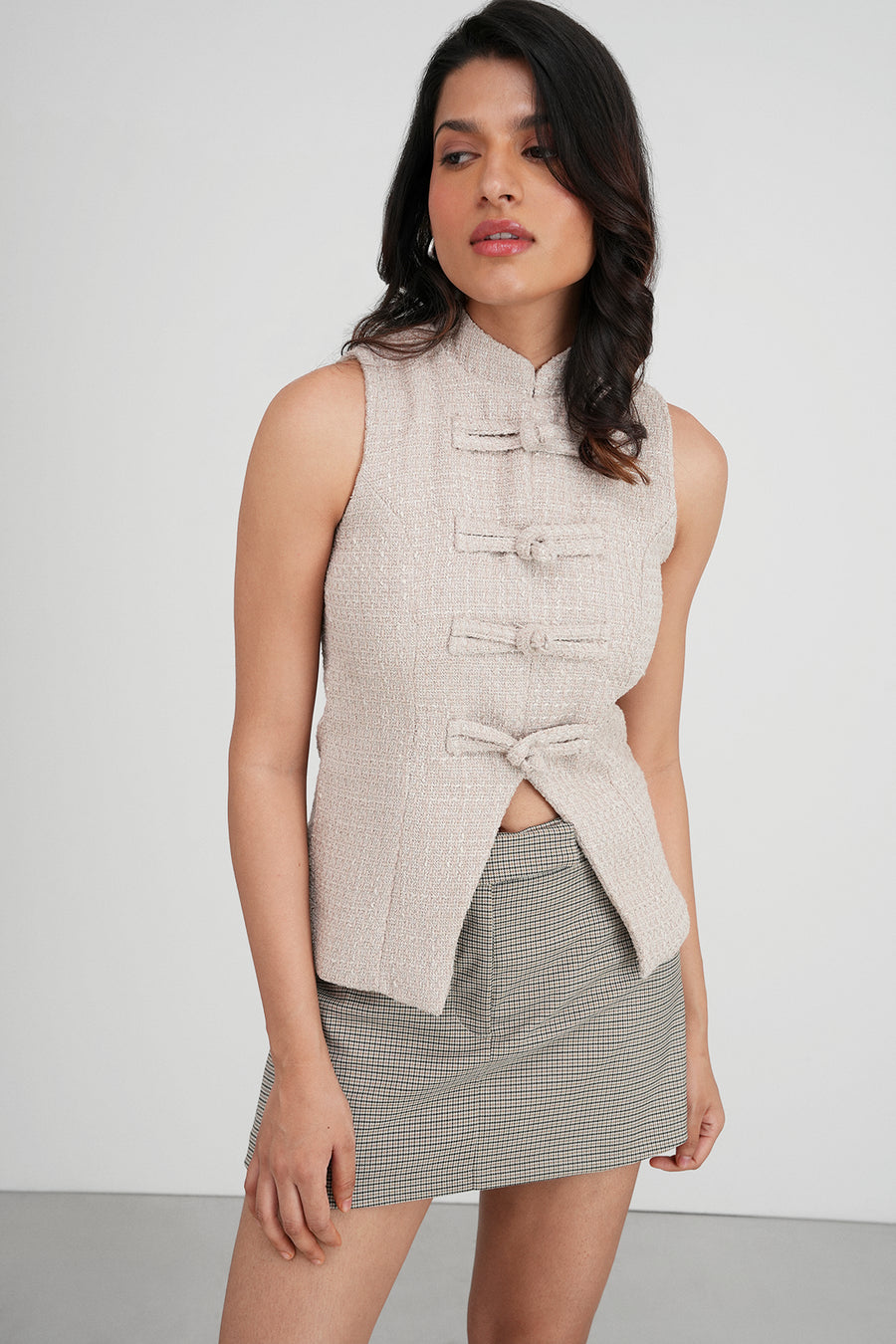 Beige Knotted Tweed Top