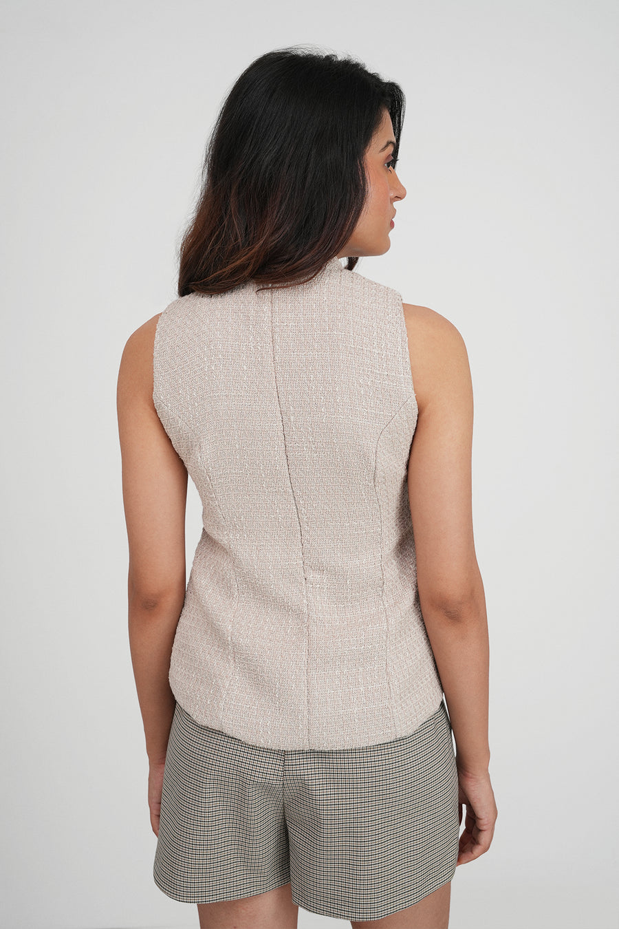 Beige Knotted Tweed Top