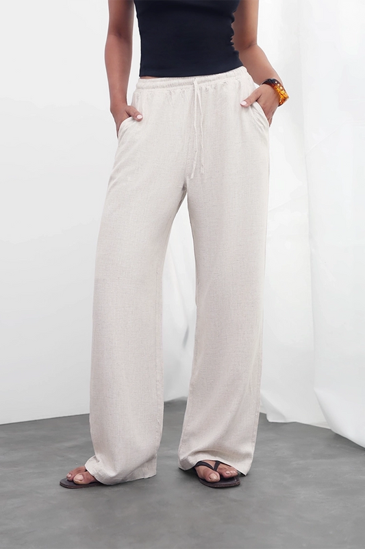 Beige Linen Drawstring Pants