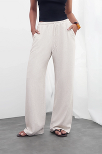 Beige Linen Drawstring Pants