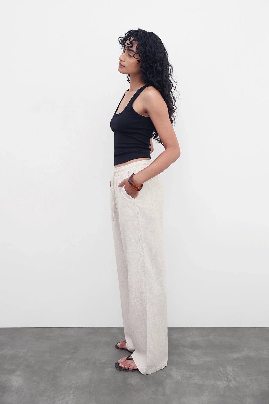 Beige Linen Drawstring Pants