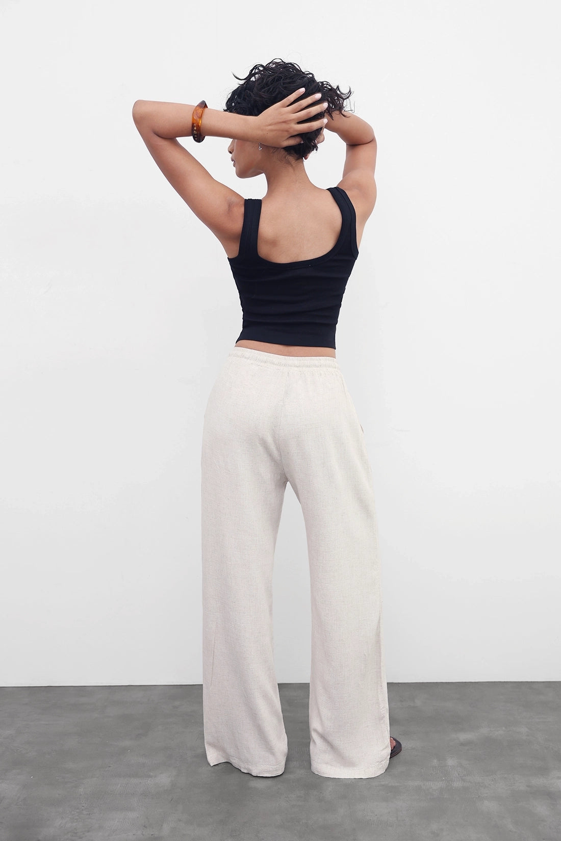 Beige Linen Drawstring Pants