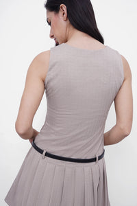 Beige Pleated Mini Dress With Belt