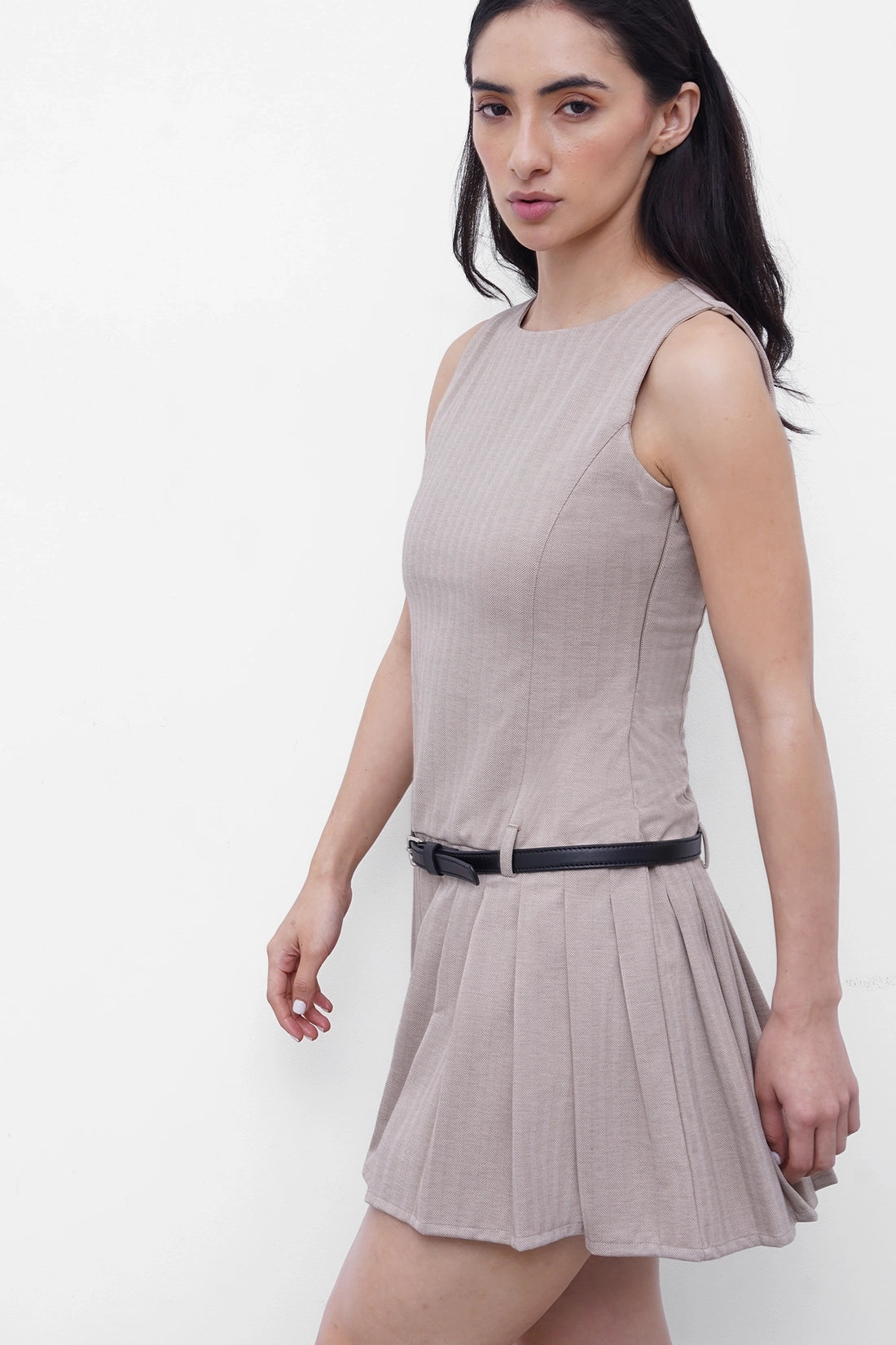 Beige Pleated Mini Dress With Belt