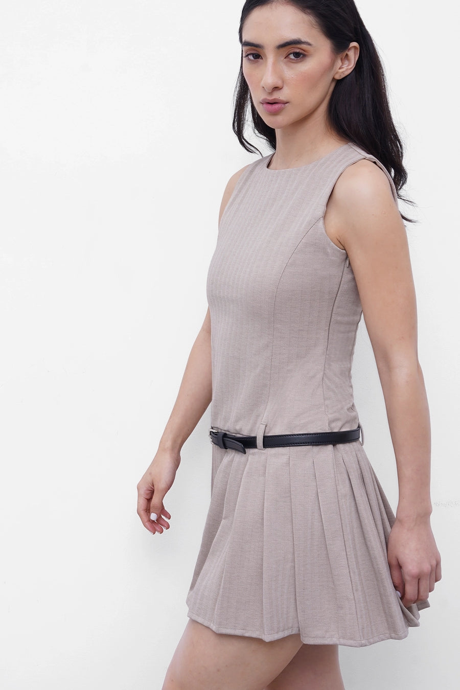 Beige Pleated Mini Dress With Belt