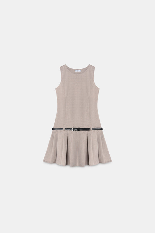Beige Pleated Mini Dress With Belt