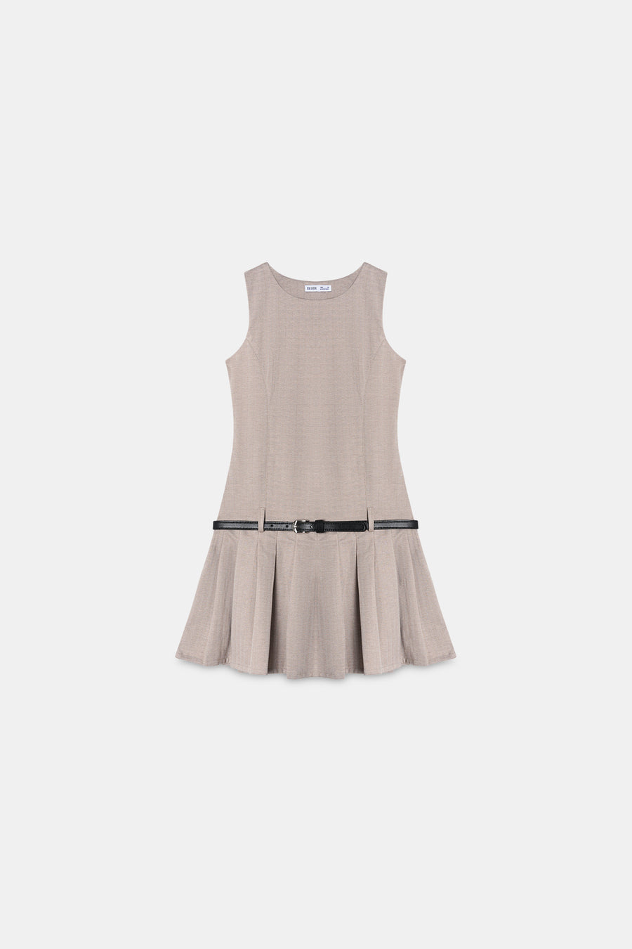 Beige Pleated Mini Dress With Belt