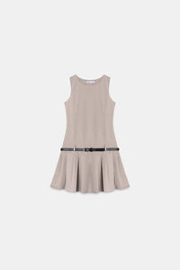Beige Pleated Mini Dress With Belt