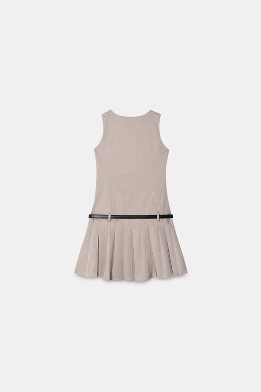 Beige Pleated Mini Dress With Belt