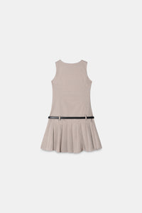 Beige Pleated Mini Dress With Belt