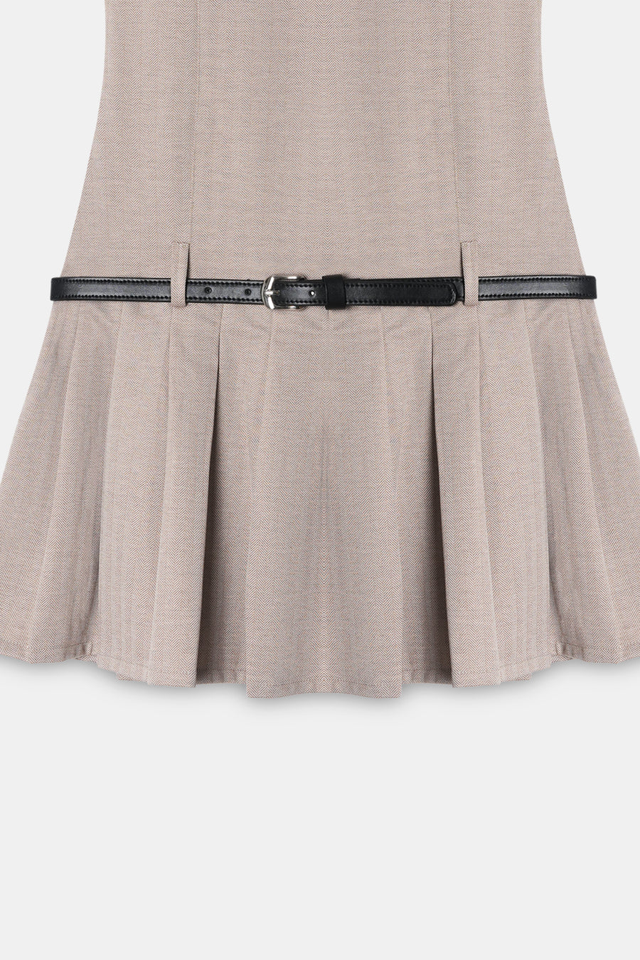 Beige Pleated Mini Dress With Belt