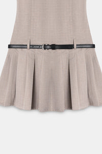 Beige Pleated Mini Dress With Belt