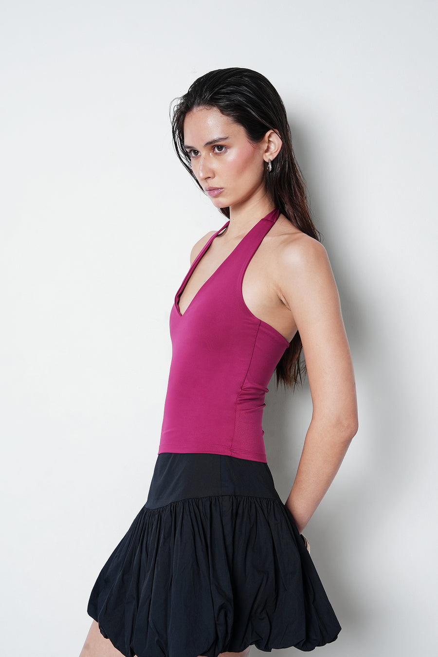 Berry Pink Halter-Neck Polyamide Top