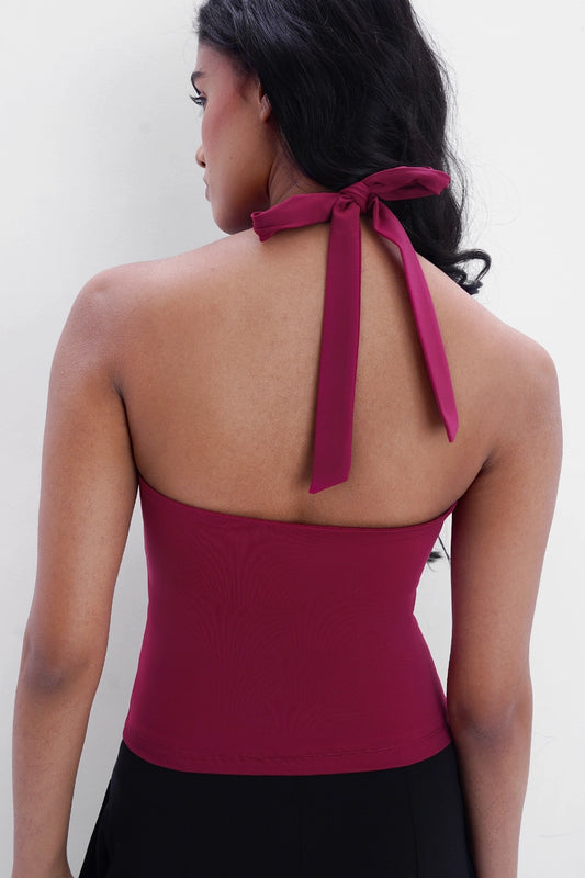 Berry Pink Halter-Neck Polyamide Top