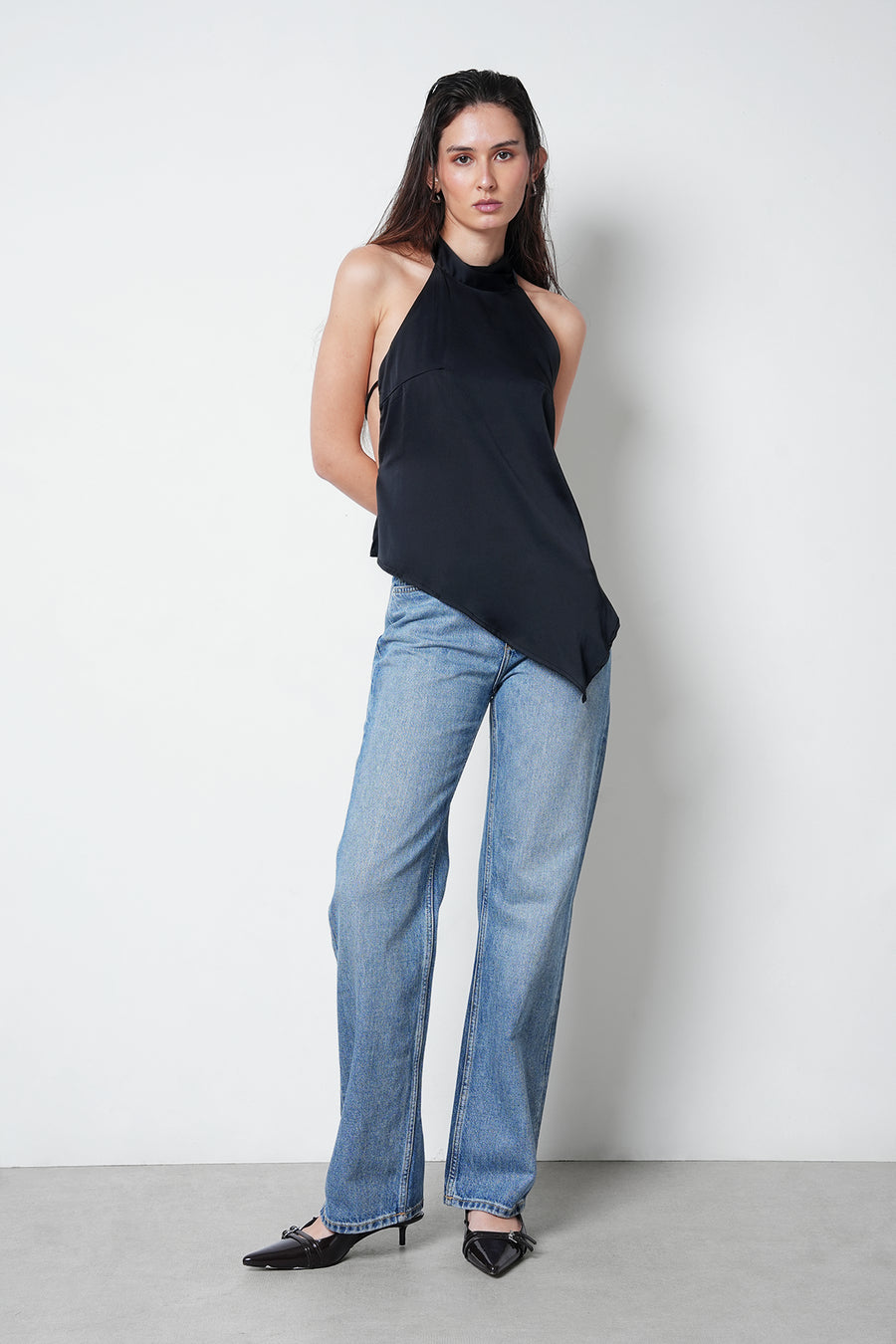 Black Backless Satin Top