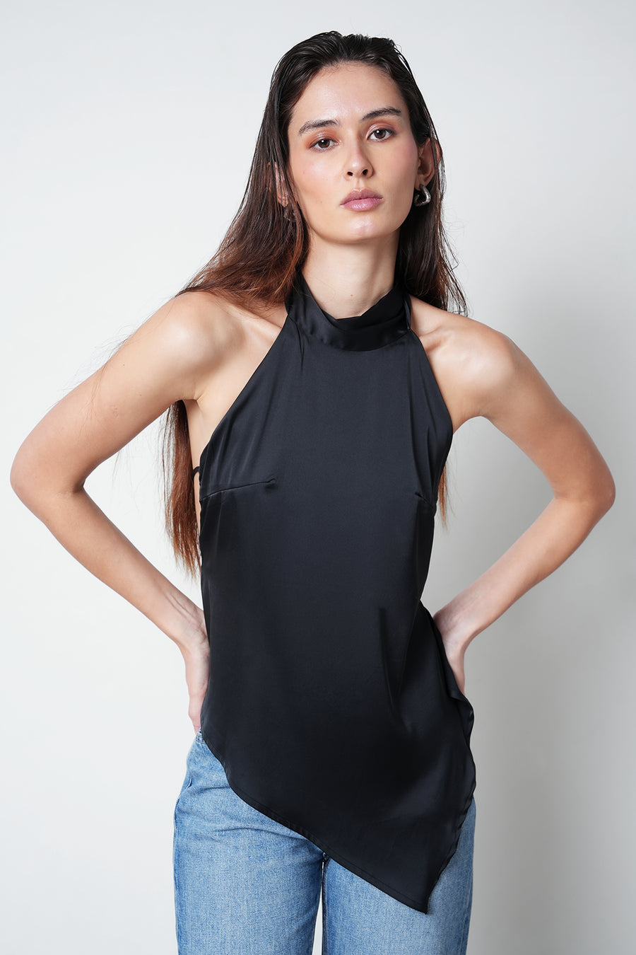 Black Backless Satin Top