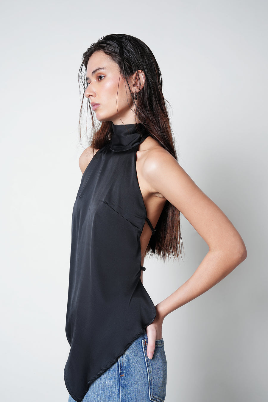 Black Backless Satin Top