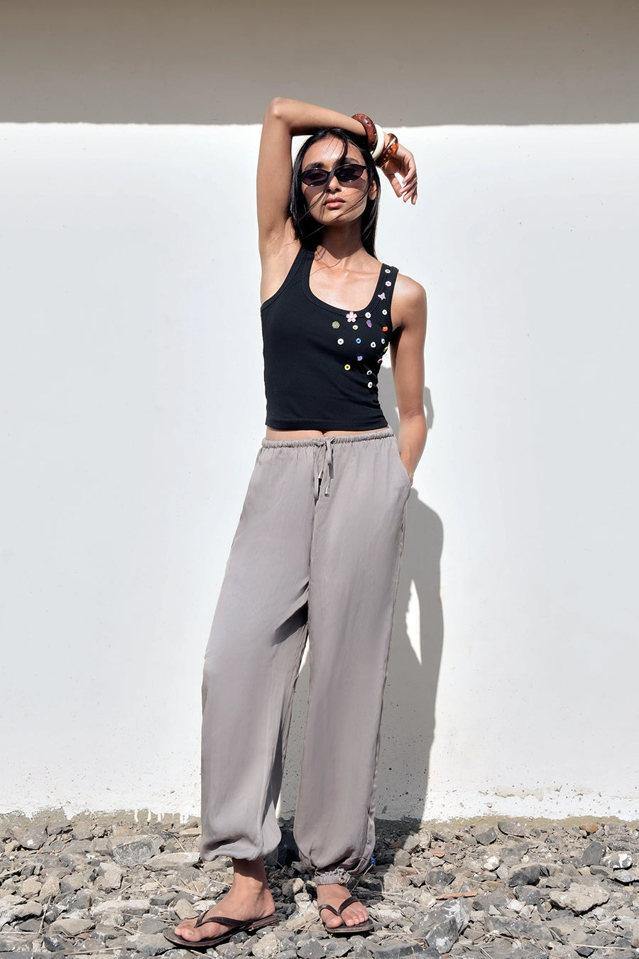 Black Button Embroidered Ribbed Top