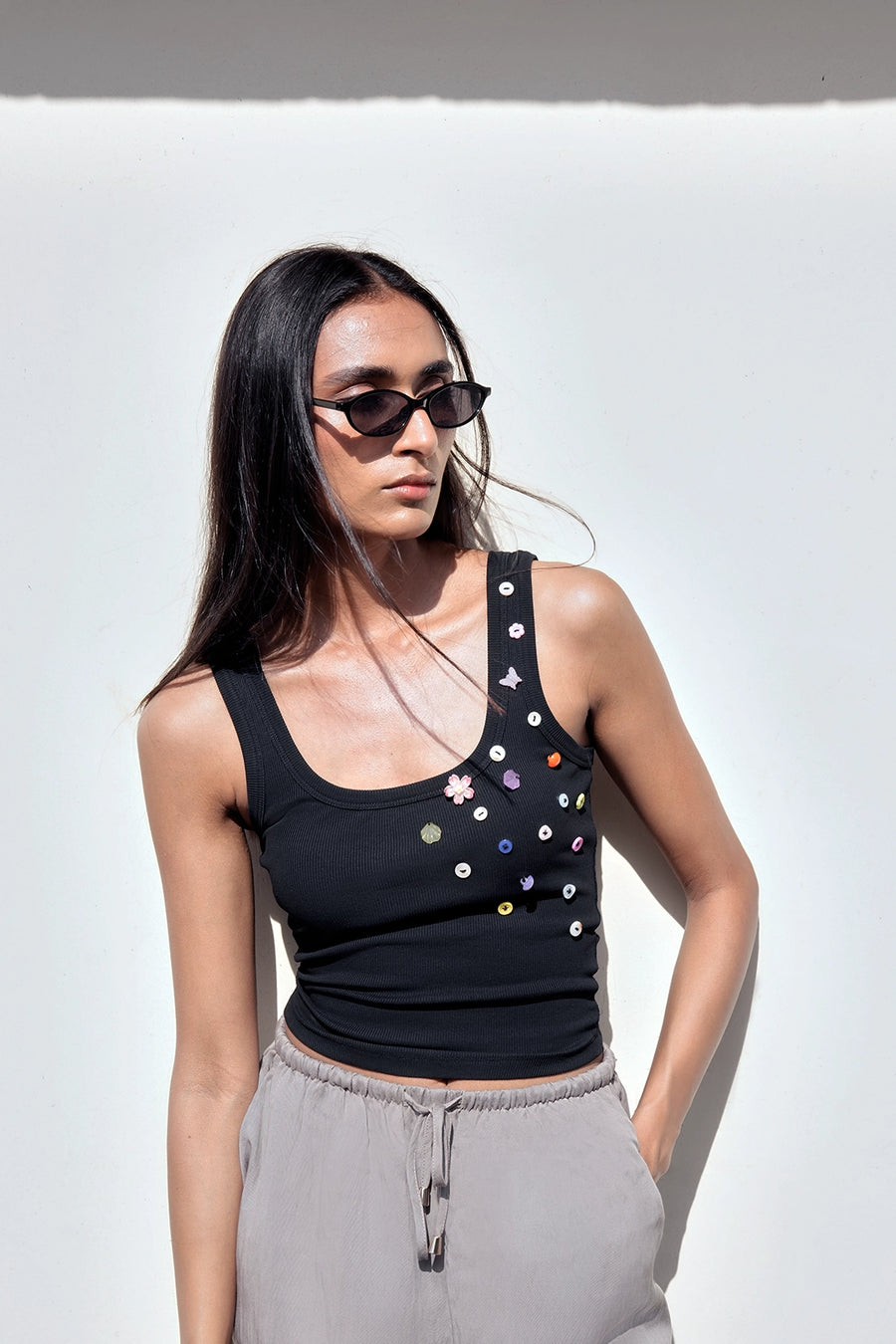 Black Button Embroidered Ribbed Top