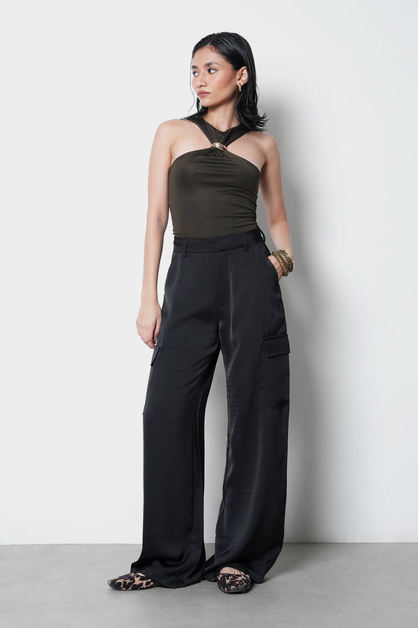 Black High-Rise Satin Cargo