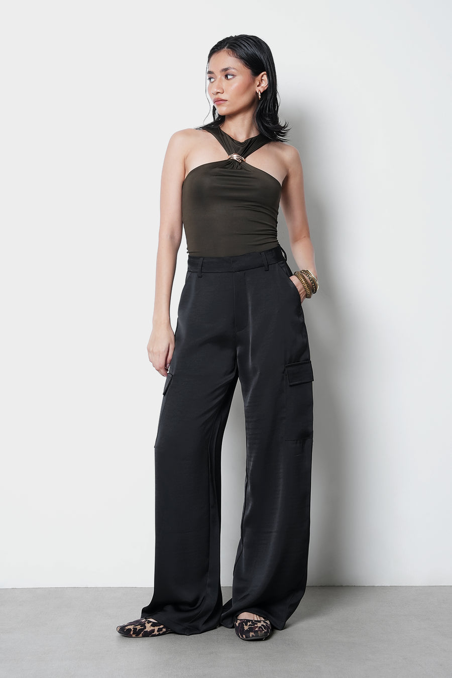 Black High-Rise Satin Cargo