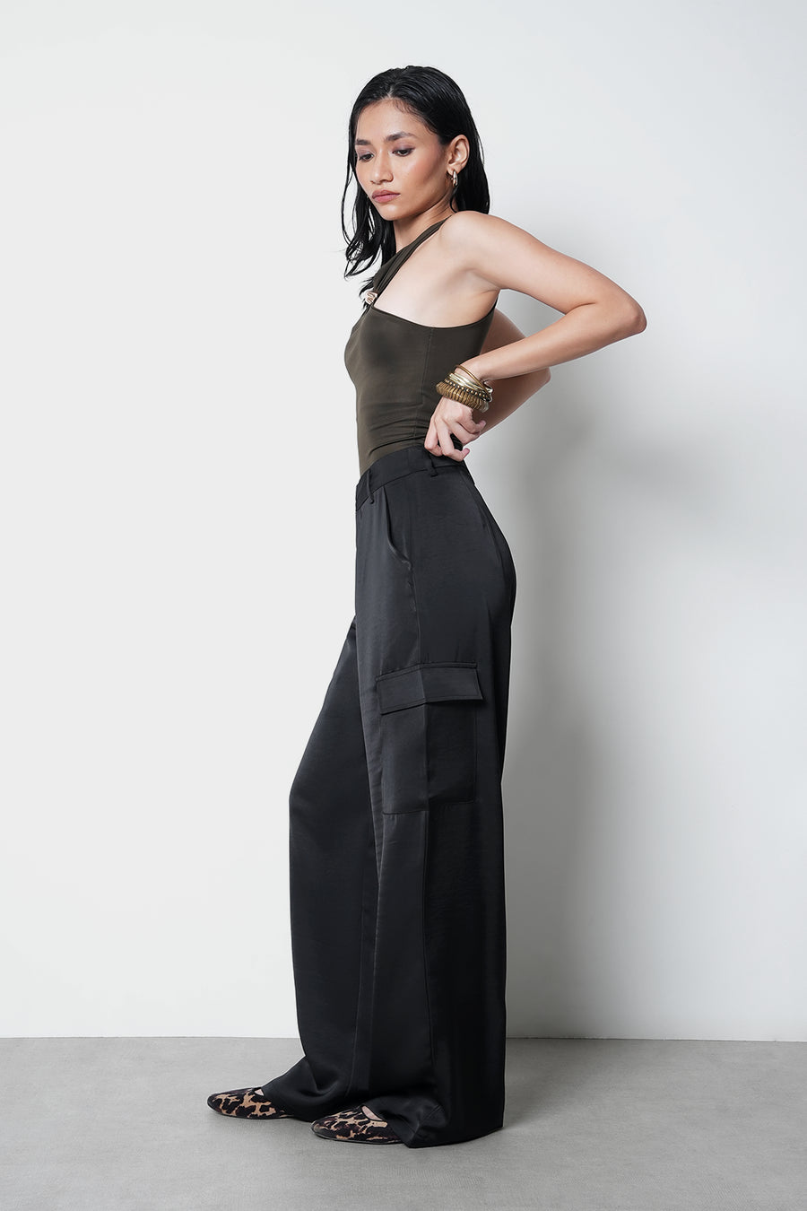 Black High-Rise Satin Cargo