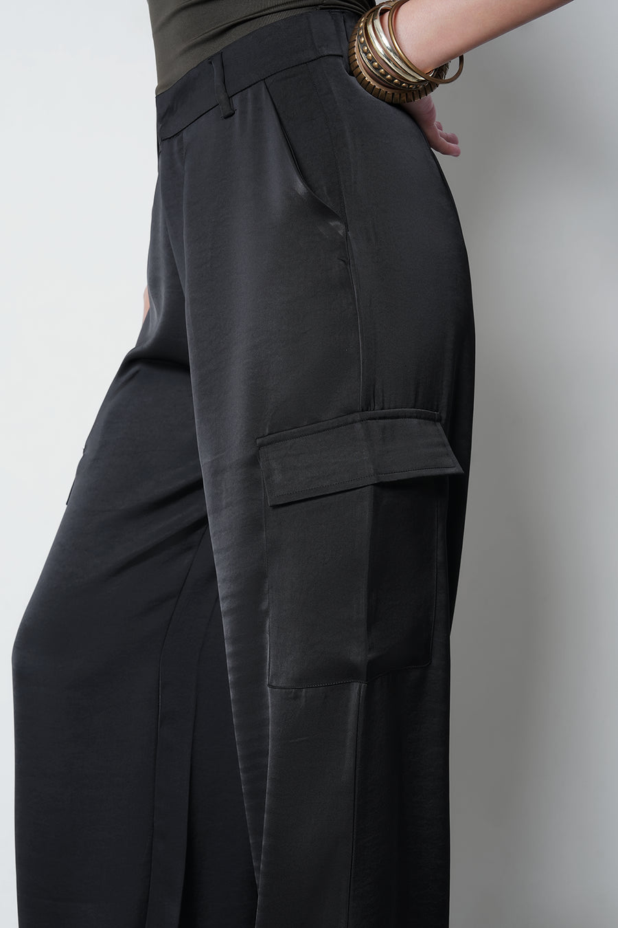 Black High-Rise Satin Cargo