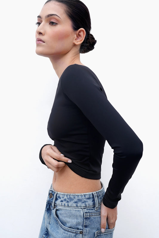 Black Long-Sleeve Polyamide Top