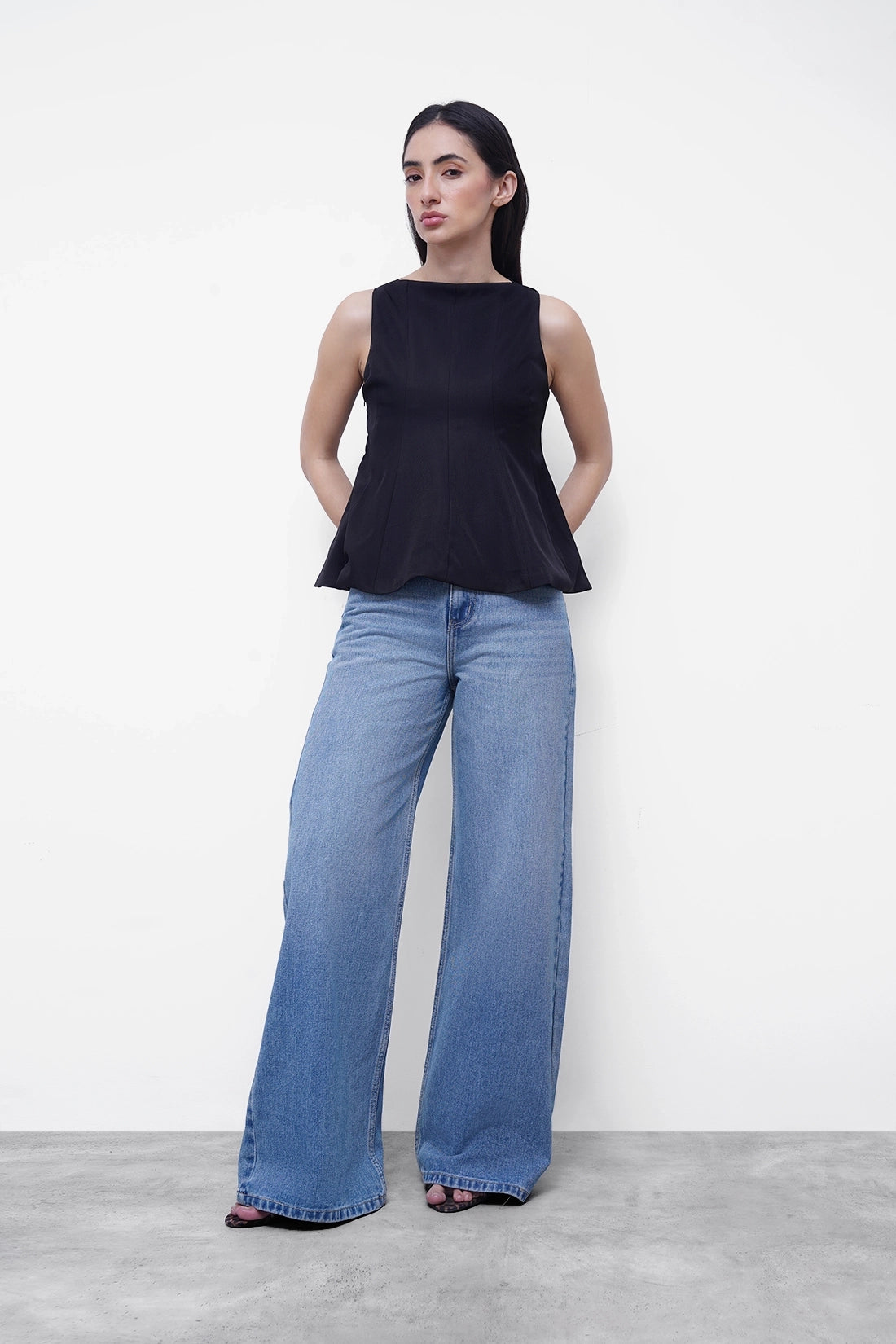 Black Panelled Peplum Top