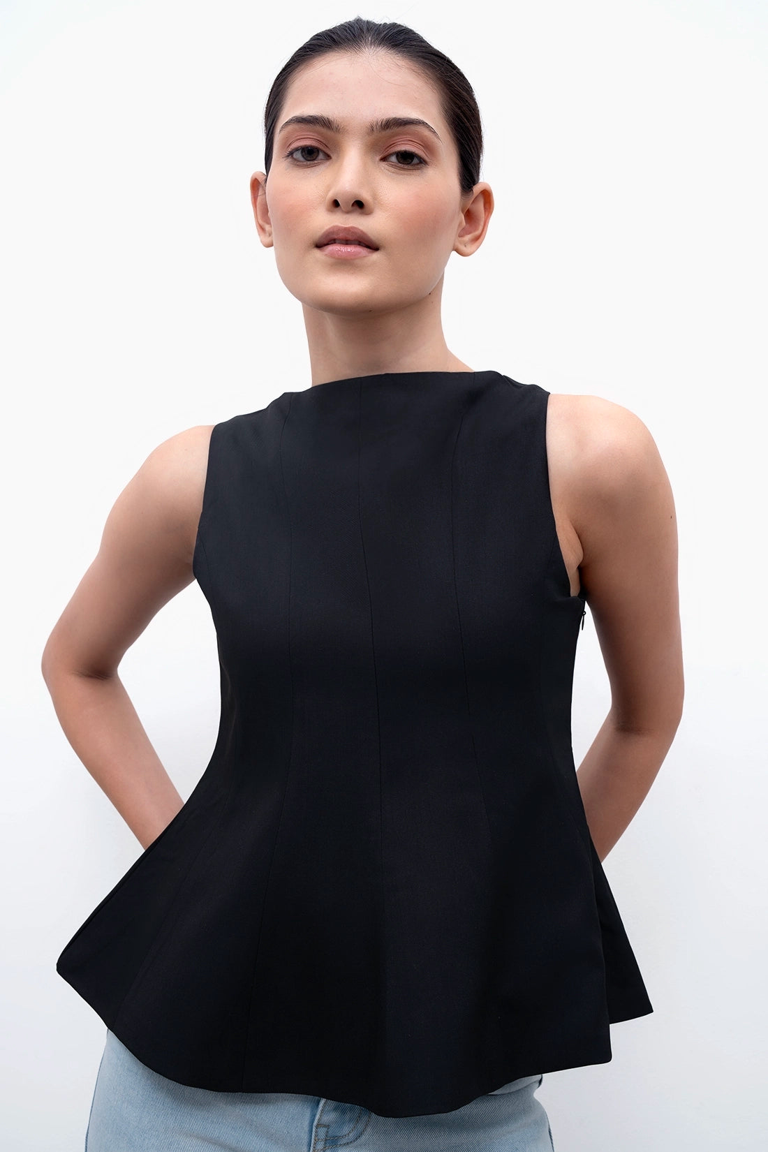 Black Panelled Peplum Top