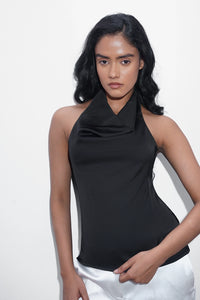Black Satin Open-Back Top