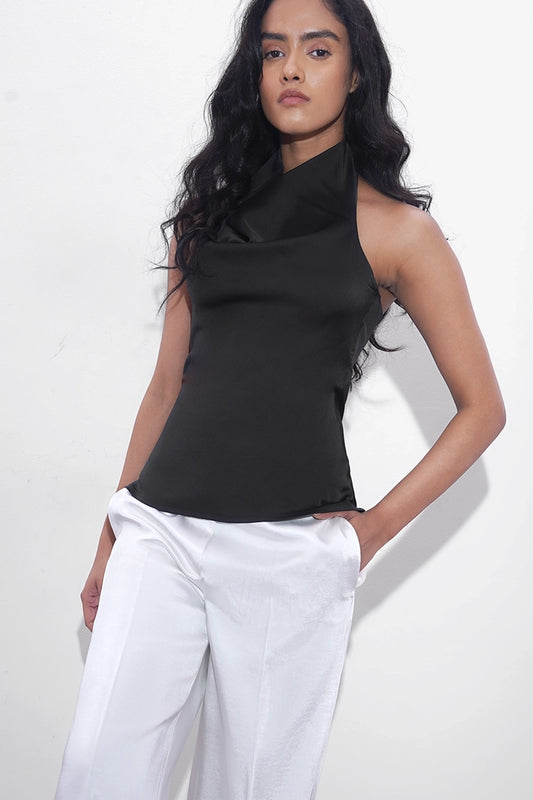 Black Satin Open-Back Top