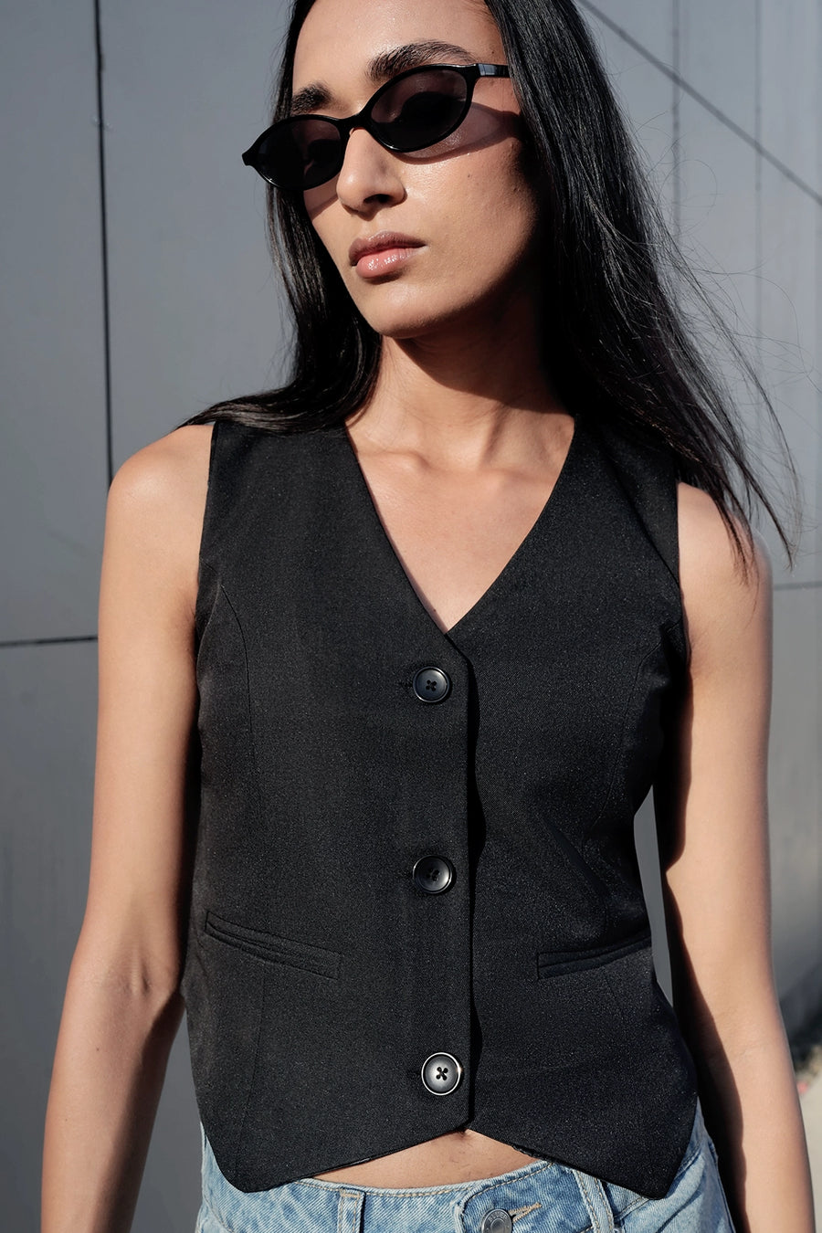 Black Tailored Buttoned Waistcoat