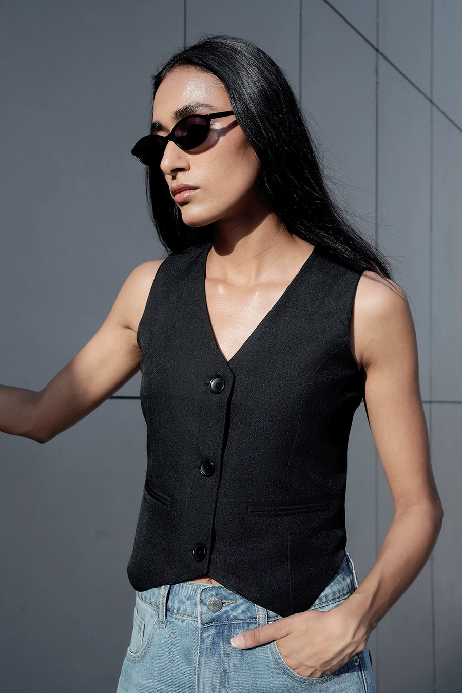 Black Tailored Buttoned Waistcoat