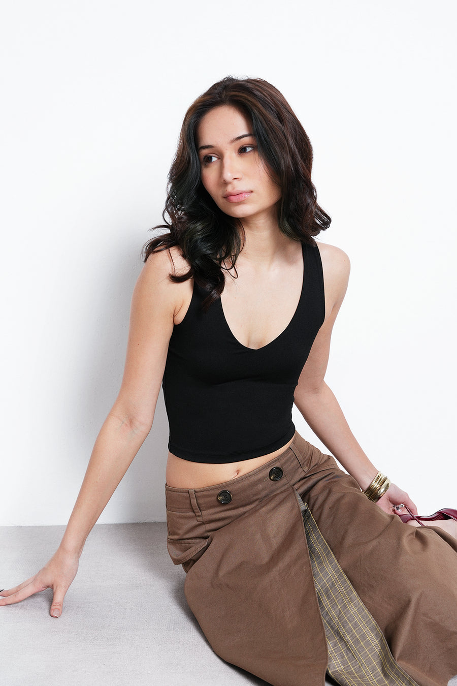 Black V-Neck Polyamide Top